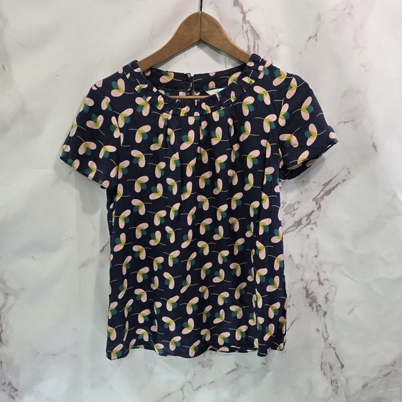 Boden Shirt Womens US 6 UK 10 Small Navy Pink Green Print Carey Blouse Short V - Picture 1 of 9